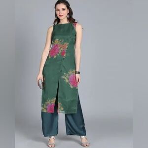 Ethno Vogue Floral Green Sleeveless Kurta Dress Size Medium